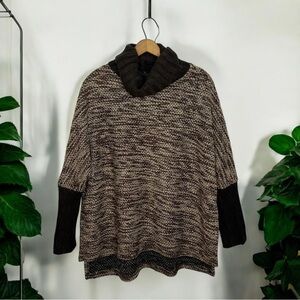 RYU Oversized Cowl Neck Sweater Dolman Sleeve Marled Knit Brown Tan S